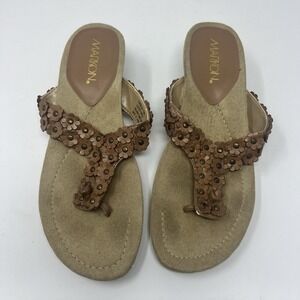 Y2K Boho Studded Floral Leather Thong Wedge Sandals Brown Womens 7.5 Markon